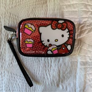 HELLO KITTY Small Red Sparkle Cupcake Wristlet with Inside Pocket and Zipper